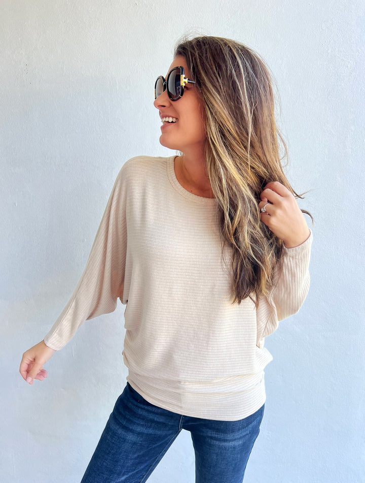 Ribbed Batwing Boat Neck Sweater in Sand Beige