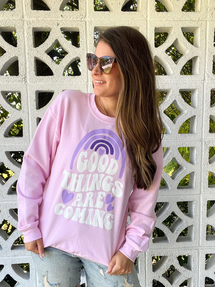 'Good Things Are Coming' Graphic Sweatshirt: Prep Obsessed x Weather With Lauren