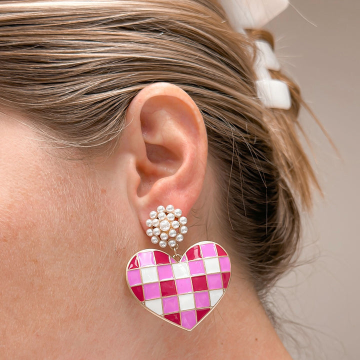 Valentine's Gingham Heart Pearl Cluster Drop Earrings