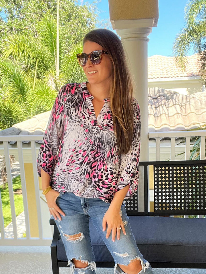 Lizzy Top in Grey and Pink Leopard