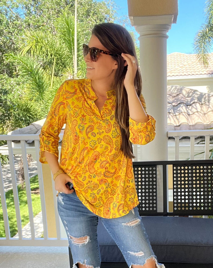 Lizzy Top in Yellow and Navy Paisley