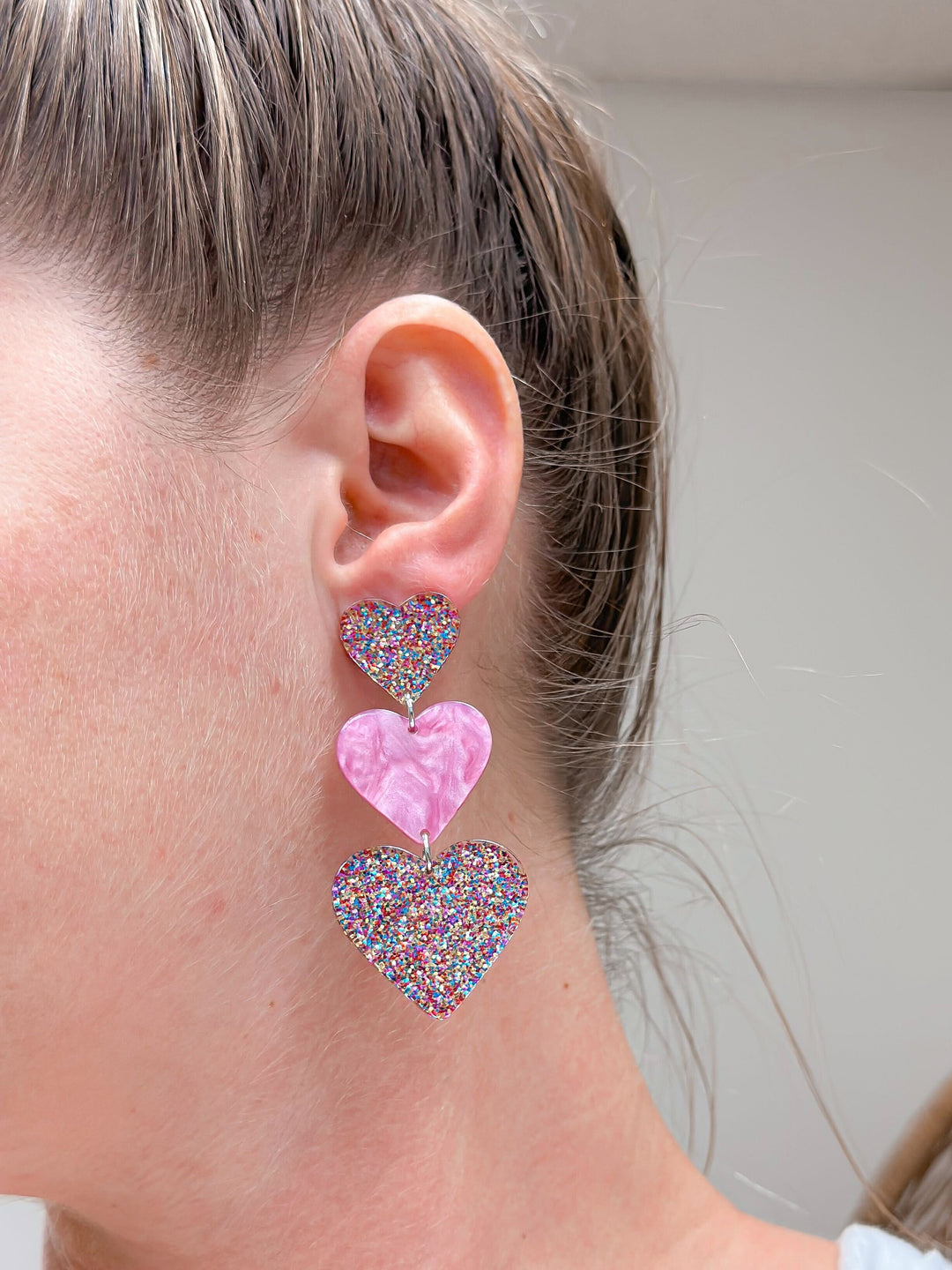 Triple Heart Glitter Dangle Earrings - Multi