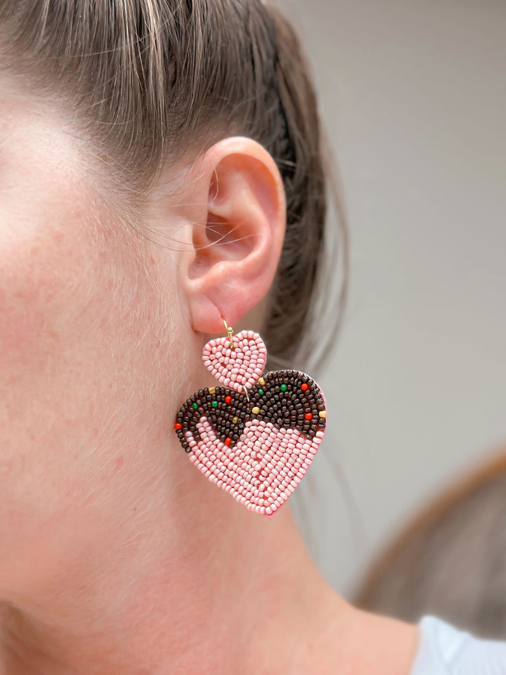 Chocolate Heart Beaded Dangle Earrings - Pink