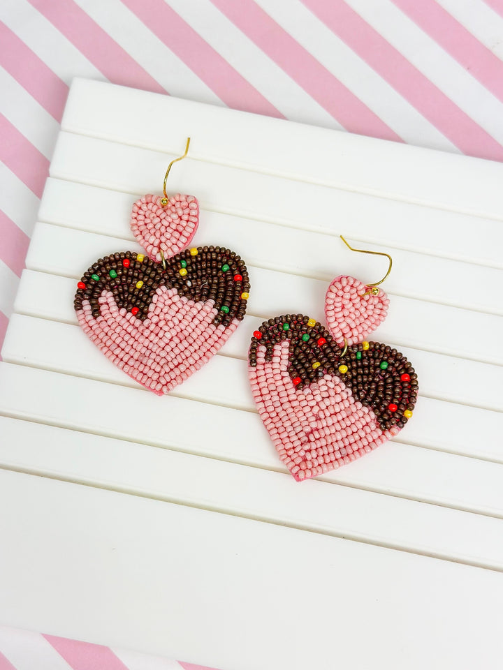 Chocolate Heart Beaded Dangle Earrings - Pink