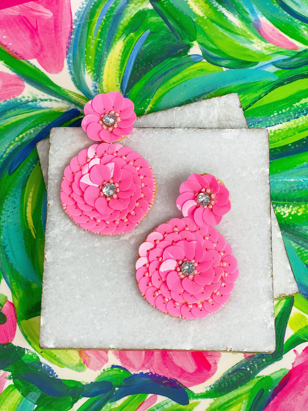 Pink Sequin Flower Drop Earrings