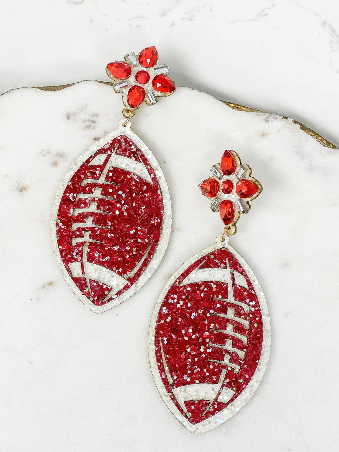 Glitter & Rhinestone College Football Dangle Earrings - Burgundy & White