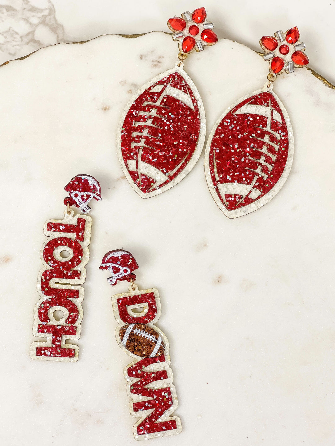 Glitter & Rhinestone College Football Dangle Earrings - Burgundy & White