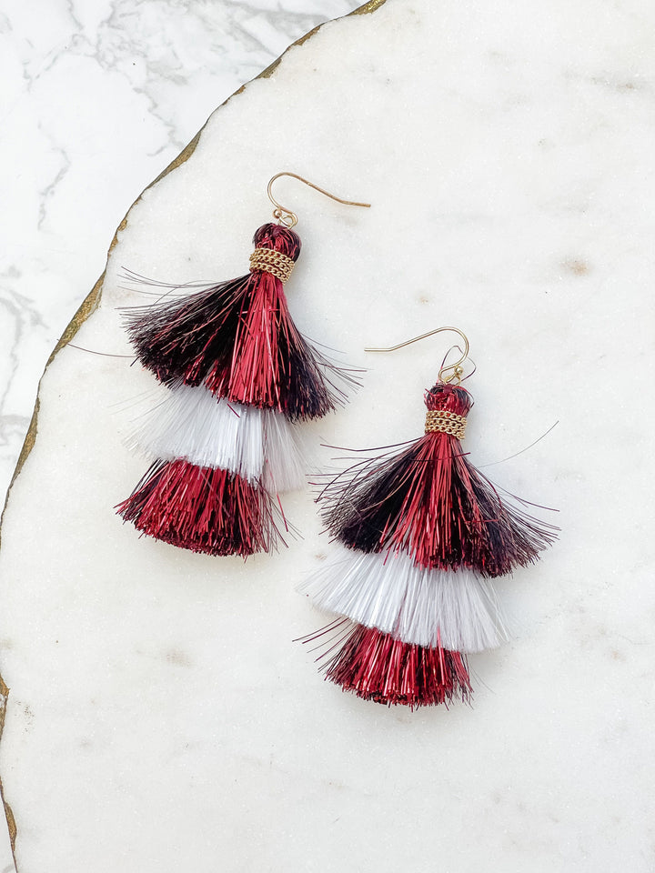 Tinsel  Tiered Tassel Earrings - Burgundy & White