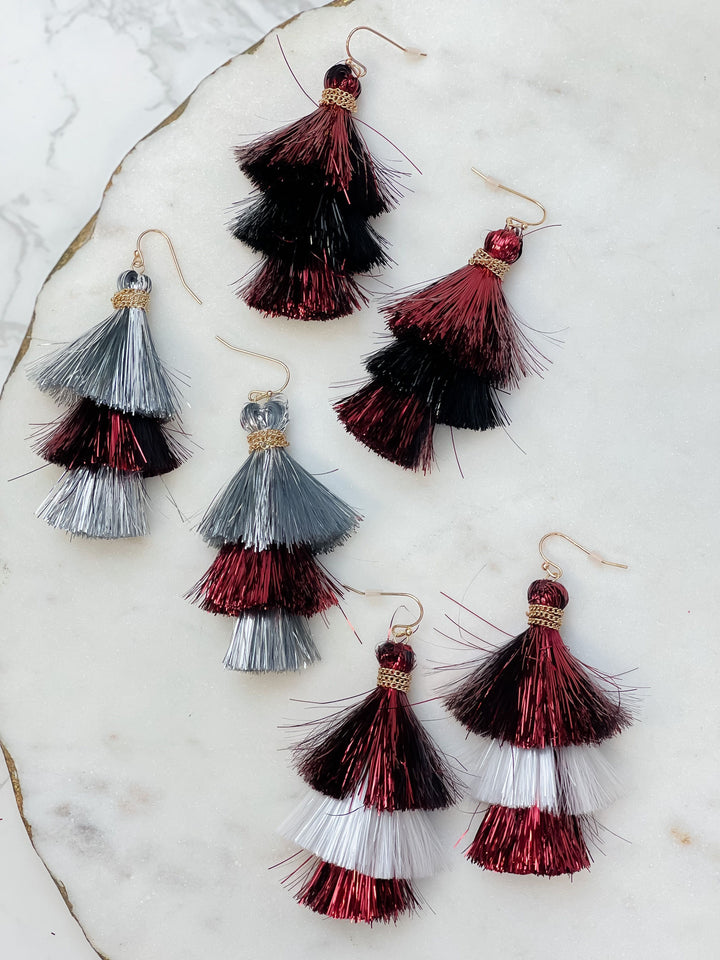 Tinsel  Tiered Tassel Earrings - Burgundy & White