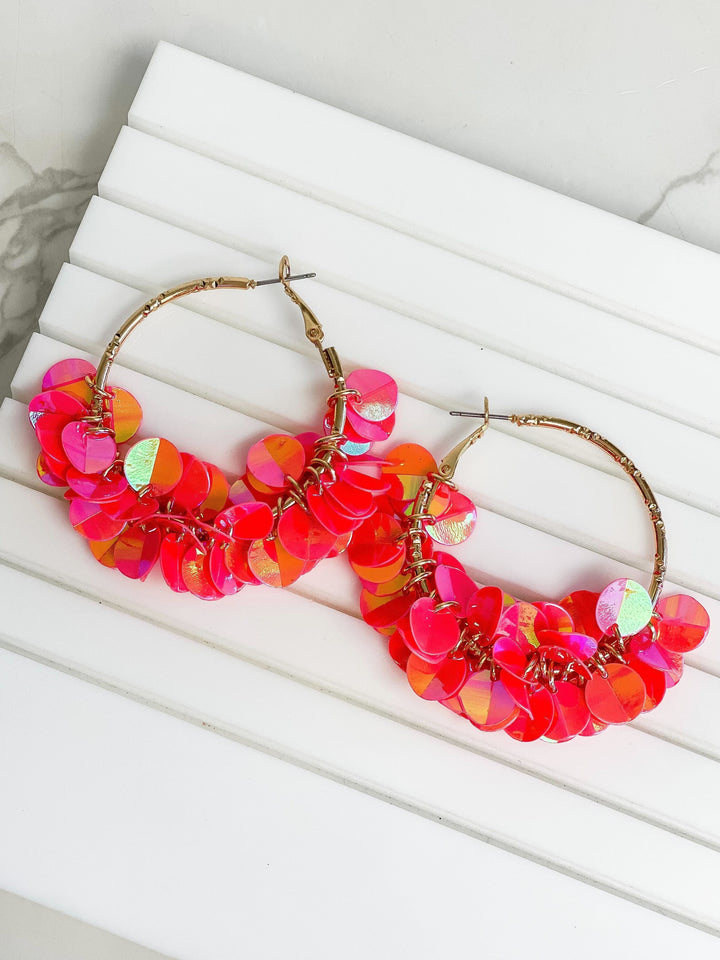 Gold Sequin Hoop Earrings - Bright Pink