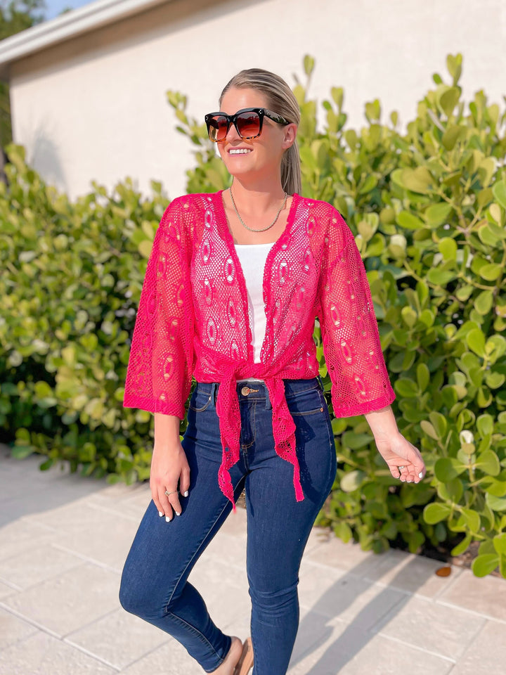 Tie Waist Mesh Cardigan - Fuchsia