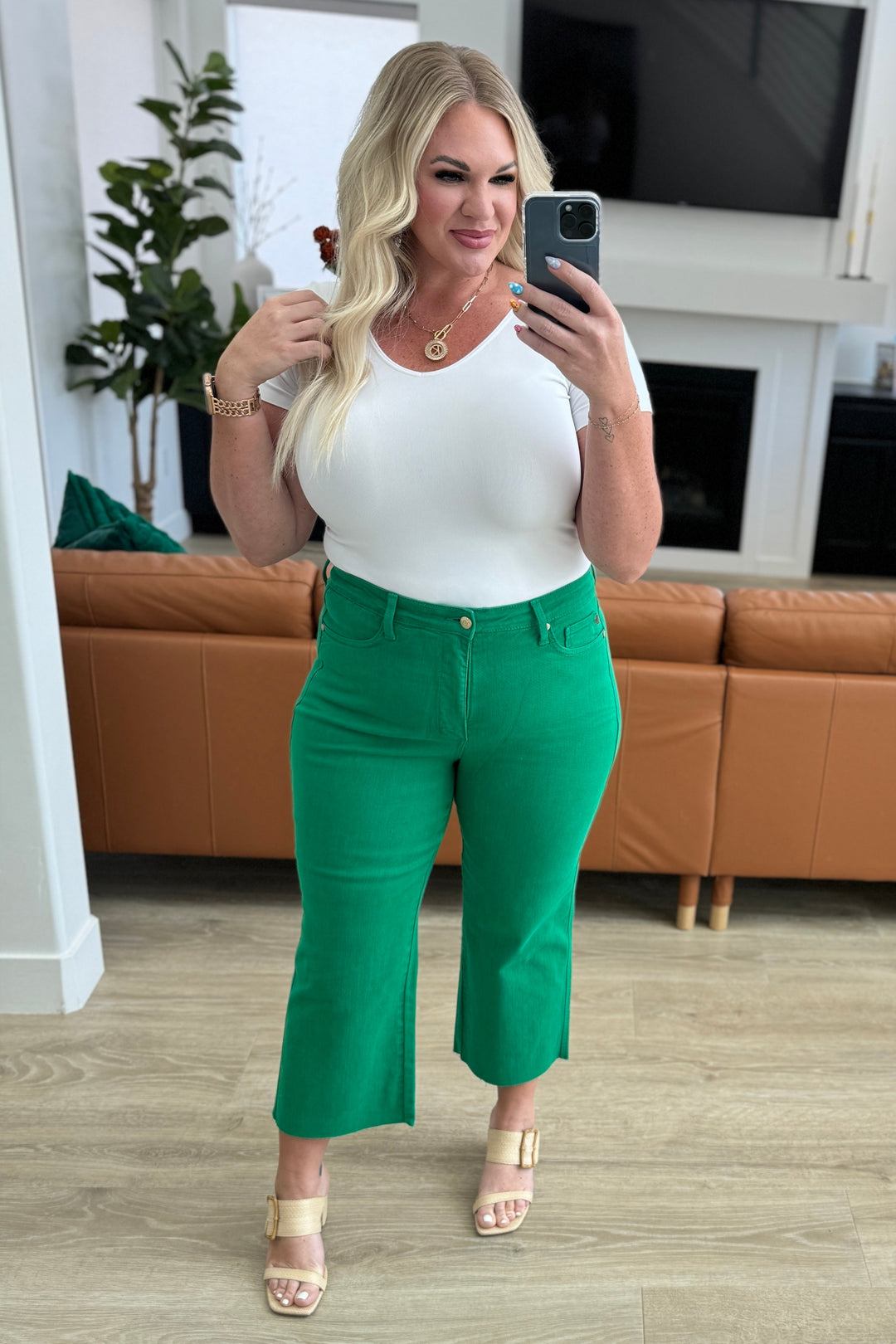 Lisa High Rise Control Top Wide Leg Crop Jeans by Judy Blue - Kelly Green