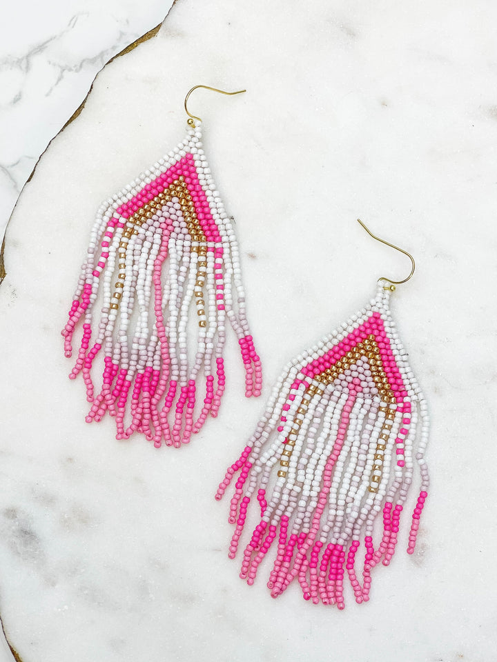 Pink, White & Gold Fringe Seed Bead Dangle Earrings