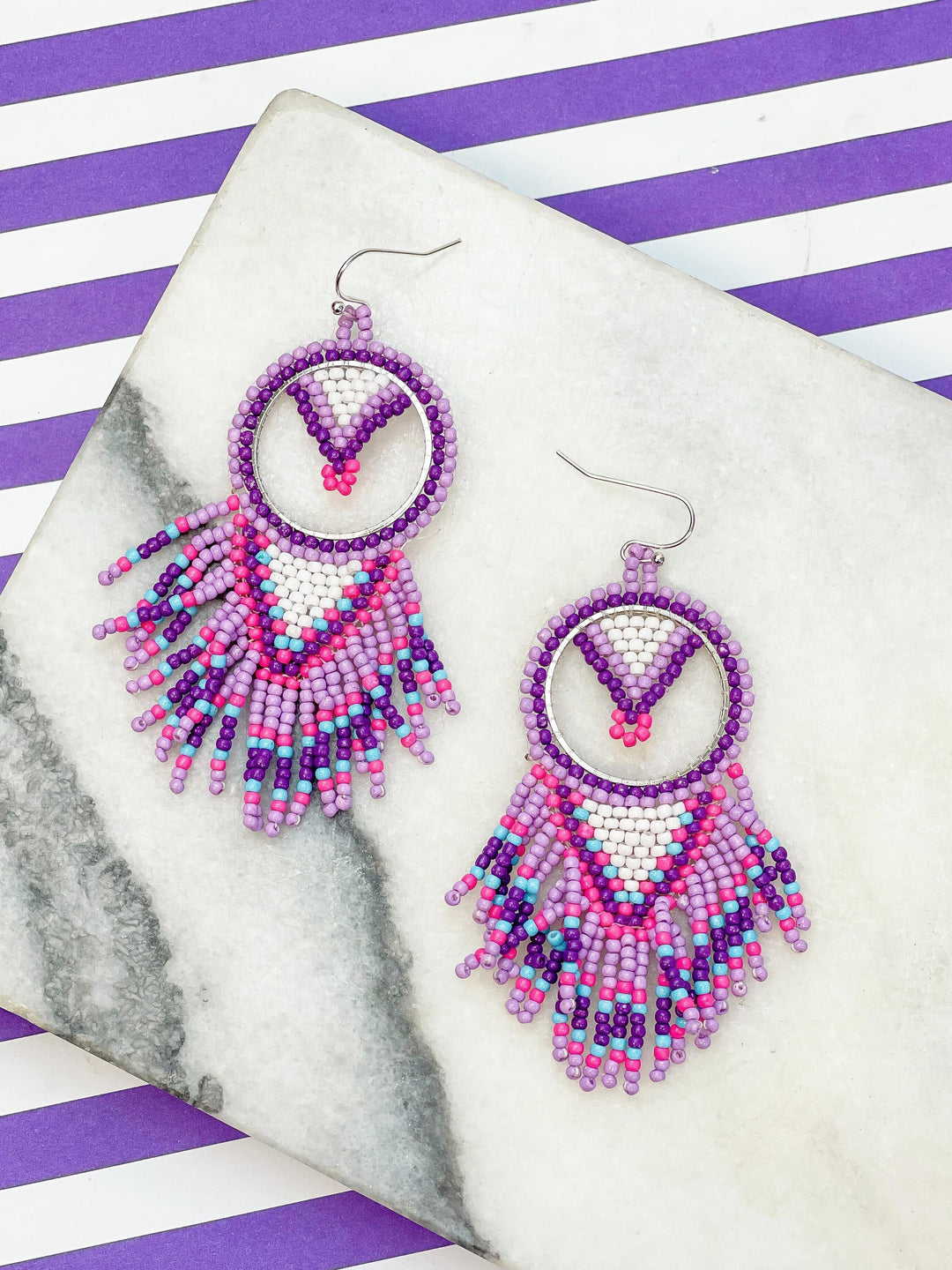 Purple Dreamcatcher Fringe Seed Bead Dangle Earrings