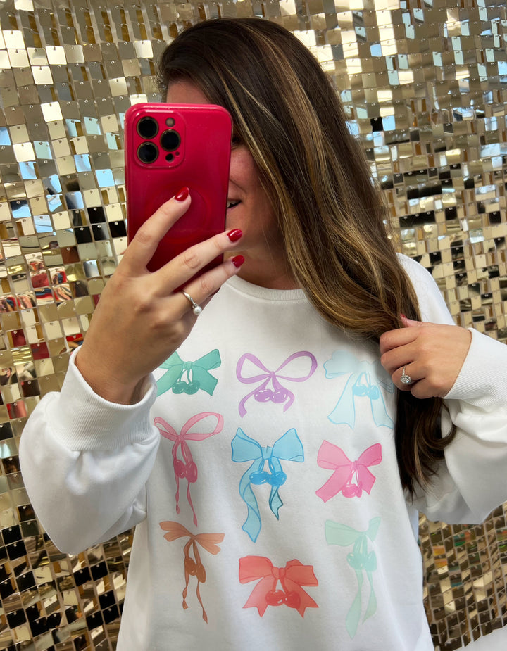 White Bow Print Sweatshirt (Ships in 2-3 Weeks)