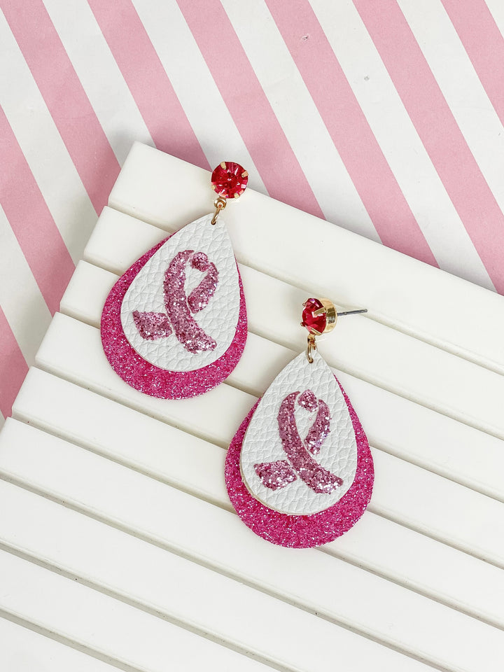 Glitter Breast Cancer Ribbon Guitar Pick Dangle Earrings