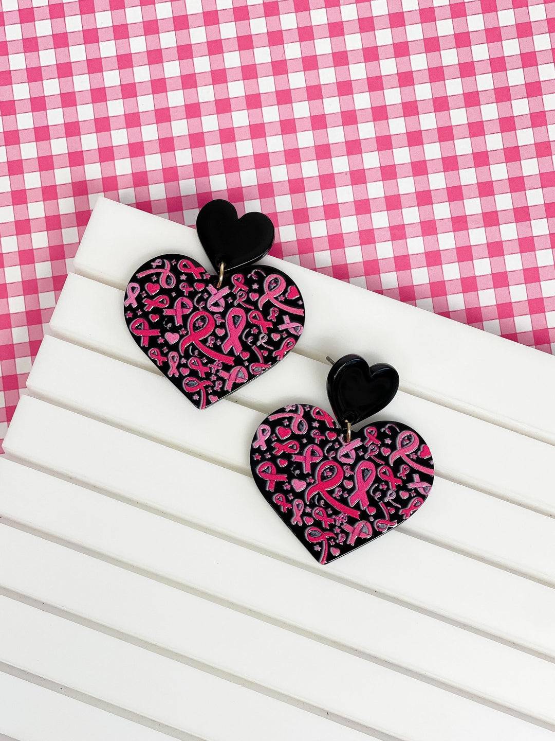 Black Heart Breast Cancer Ribbon Dangle Earrings