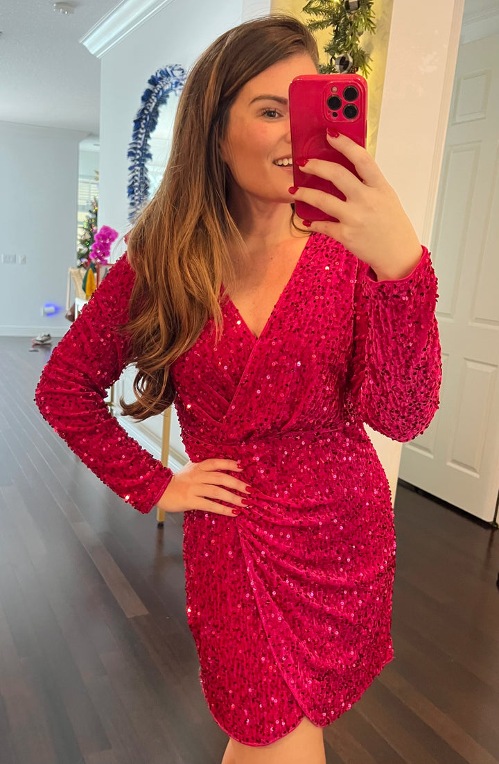 Tara Sequin Faux Wrap Dress - Pink (Ships in 1-2 Weeks)