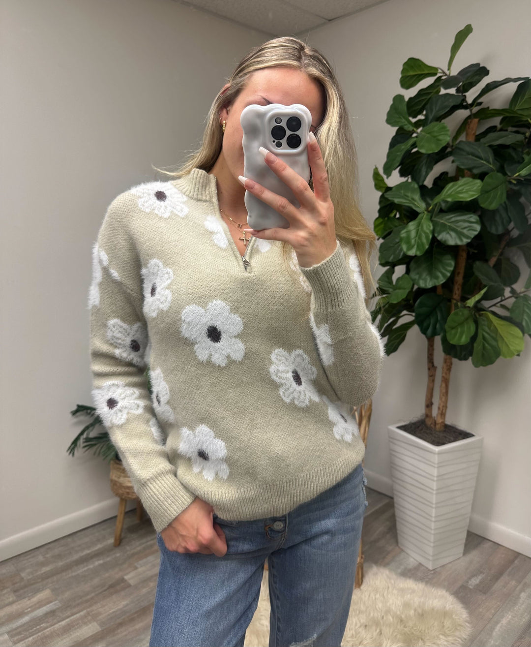 Sandi Floral Quarter Zip Sweater (Ships in 2-3 Weeks)