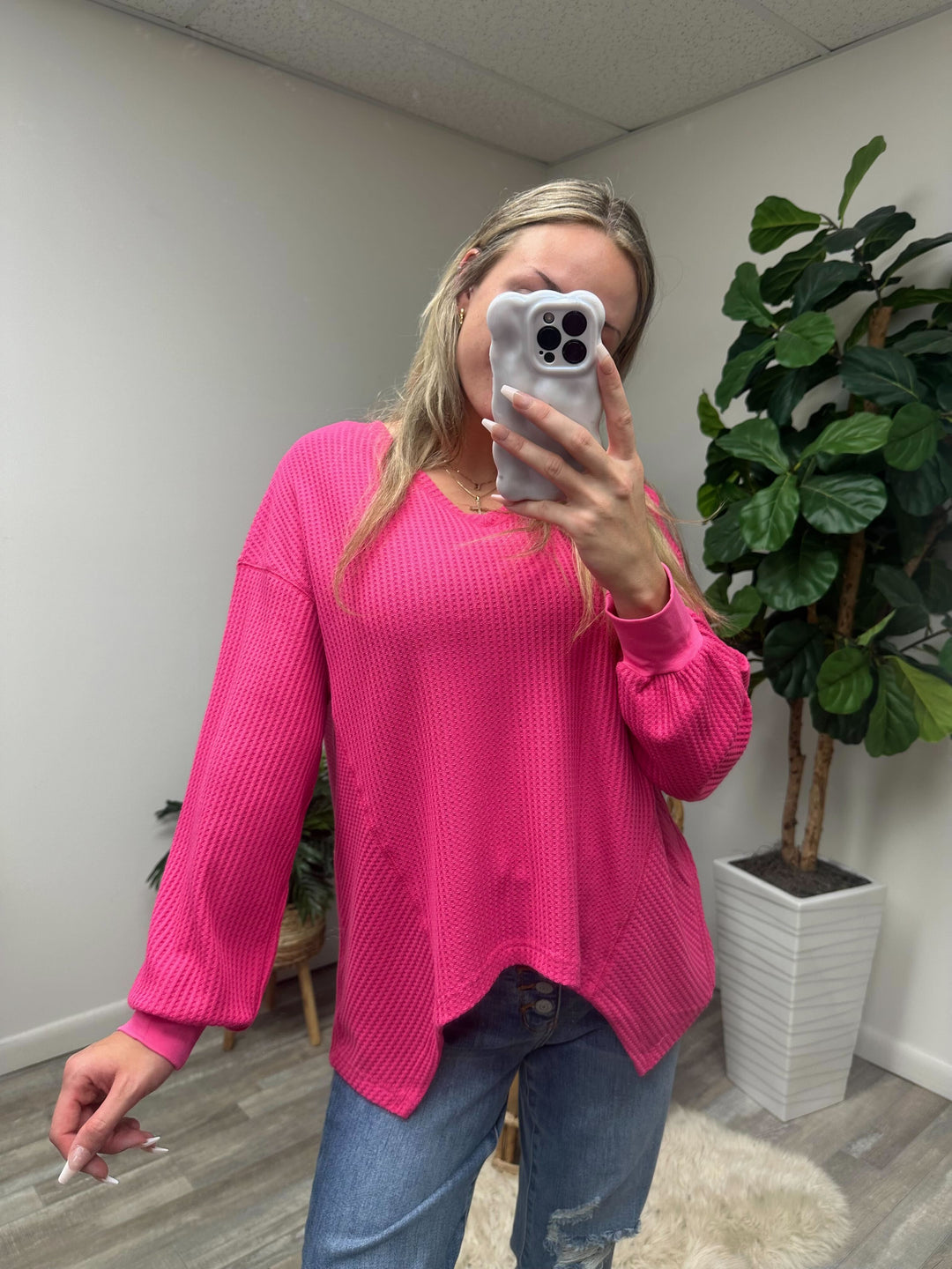 Eliza Slouchy Waffle V Neck Drop Shoulder Top - Hot Pink (Ships in 2-3 Weeks)