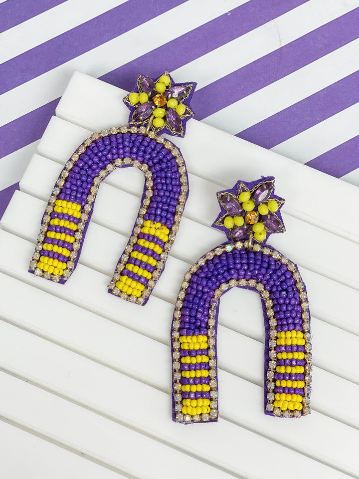 Game Day Beaded Arch Dangle Earrings - Purple & Yellow