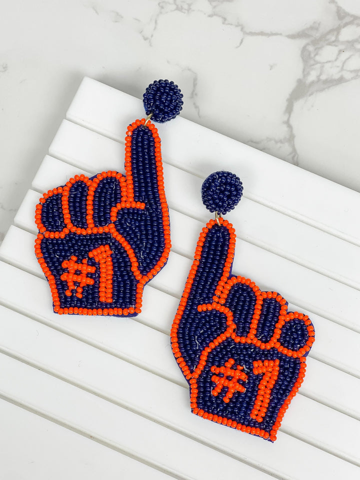 #1 Go Team Foam Finger Beaded Dangle Earrings - Navy & Orange