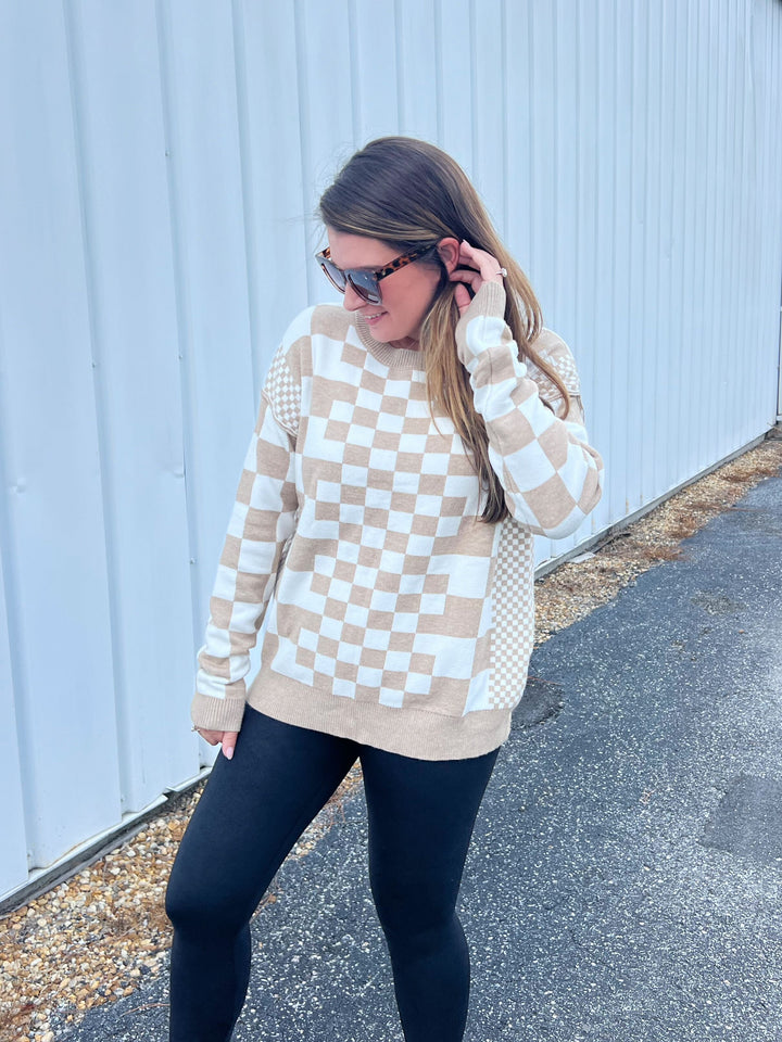 Lana Checkered Drop Shoulder Round Neck Sweater - Choice of Colors (Ships in 2-3 Weeks)