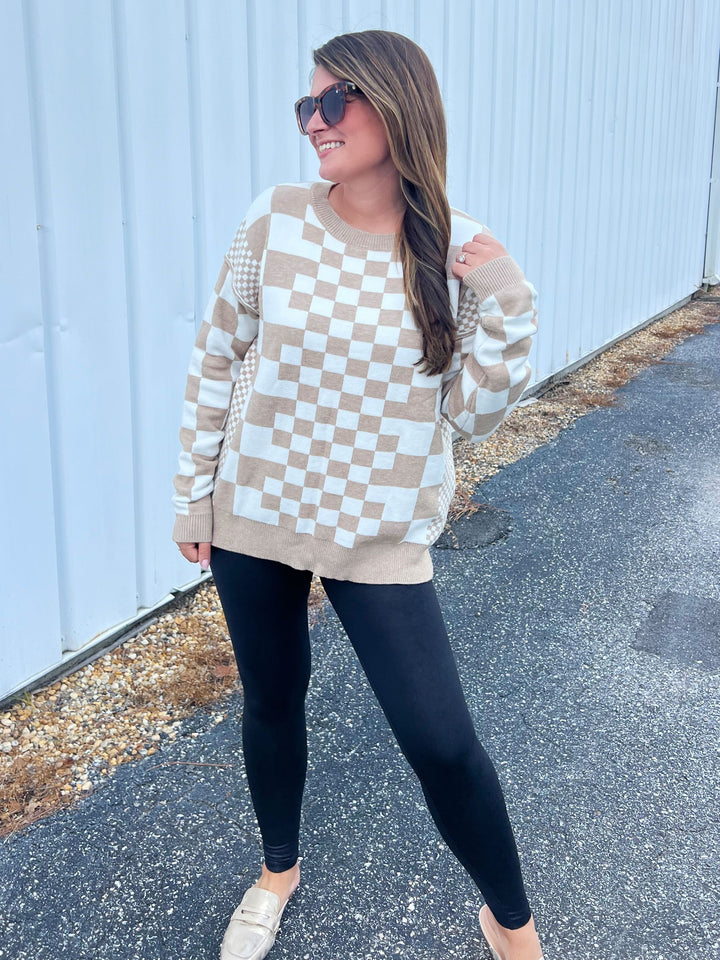 Lana Checkered Drop Shoulder Round Neck Sweater - Choice of Colors (Ships in 2-3 Weeks)