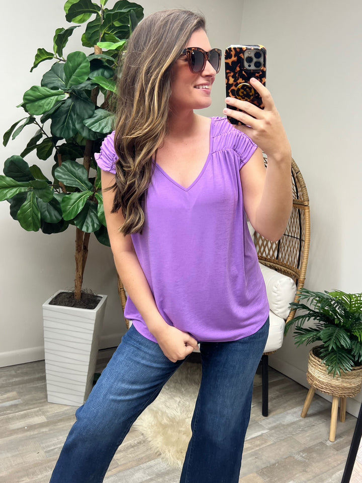 Ruched Cap Sleeve Top in Lavender