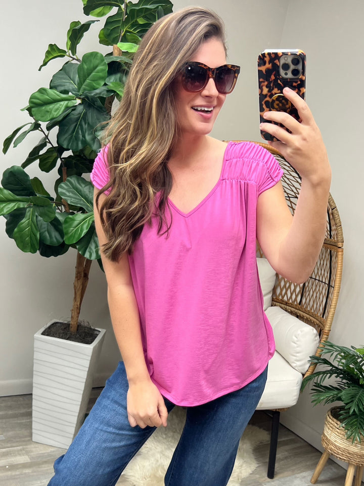 Ruched Cap Sleeve Top in Magenta