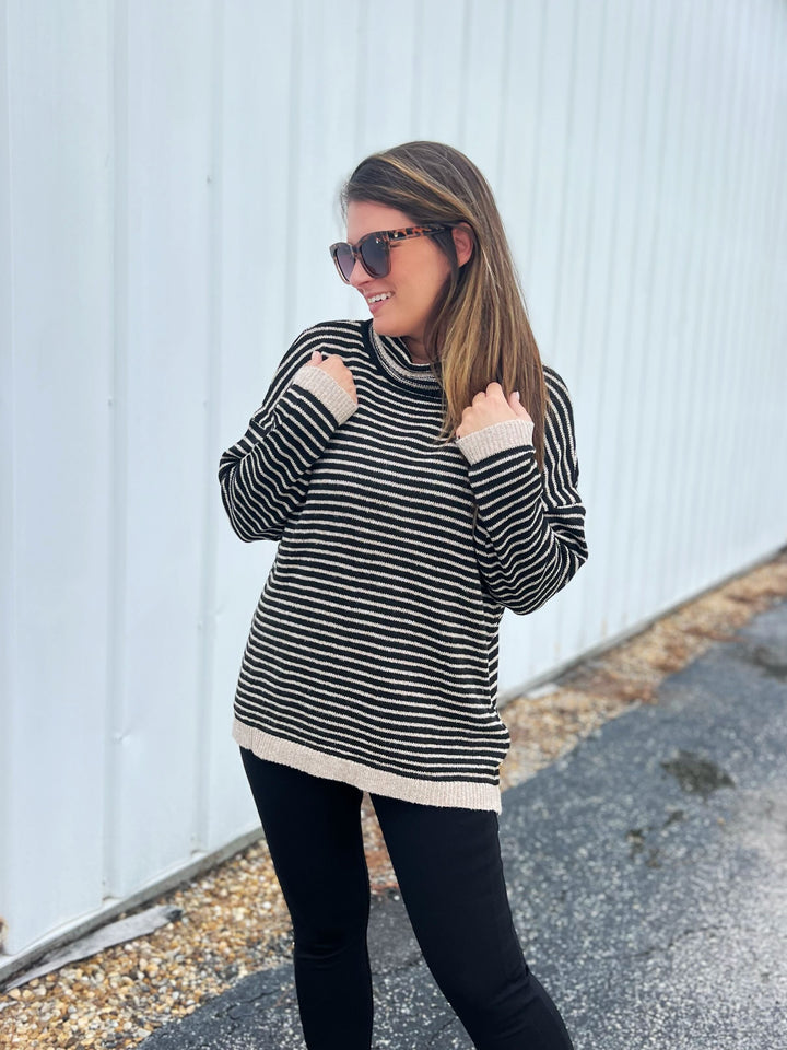 Julieann Striped Turtleneck Sweater - Black (Ships in 2-3 Weeks)