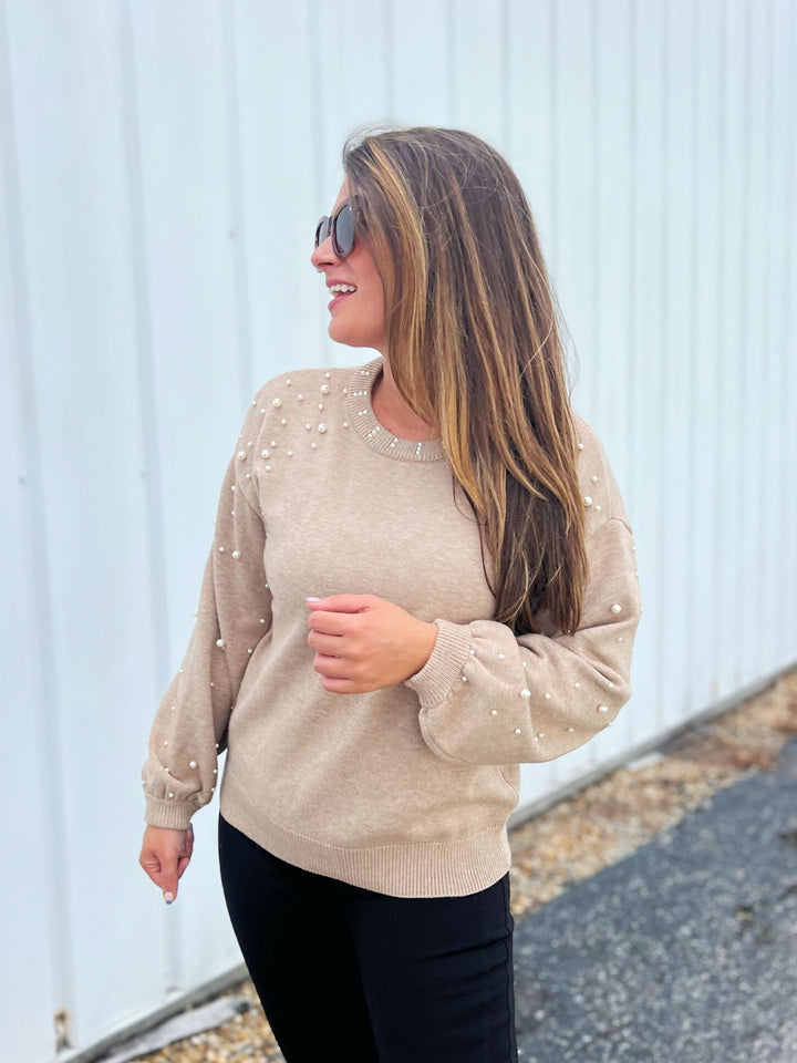 Bella Pearl Sleeve Round Neck Sweater - Taupe (Ships in 2-3 Weeks)