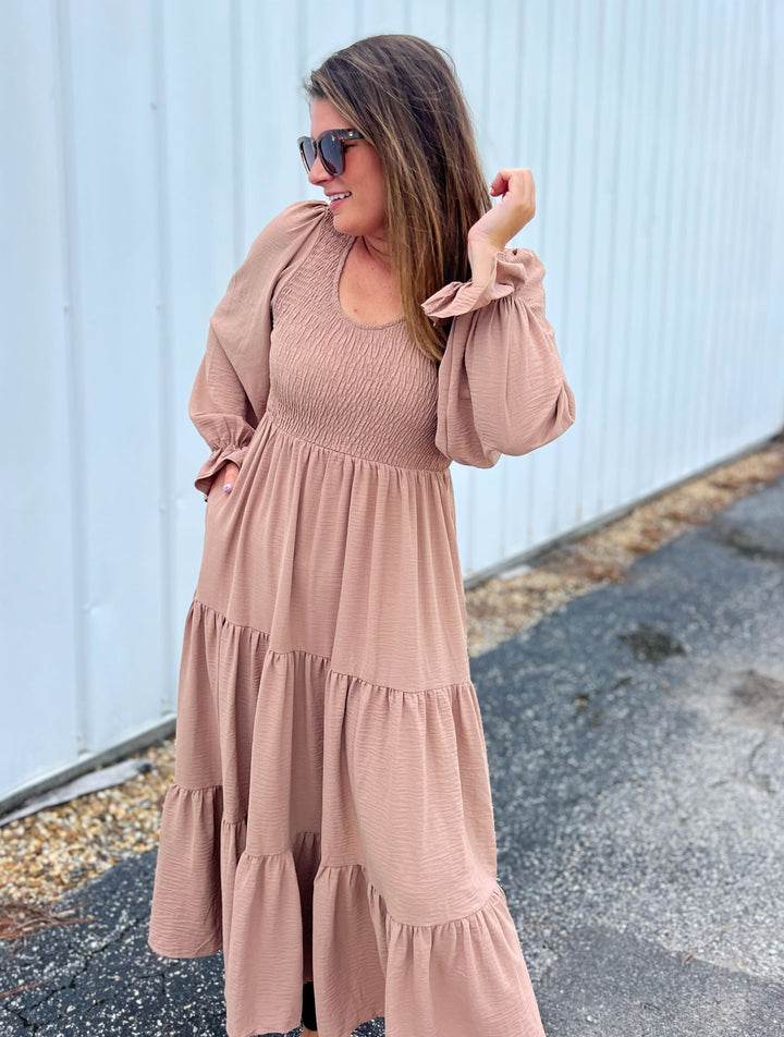 Smocking Woven Bubble Sleeve Maxi Dress - Taupe