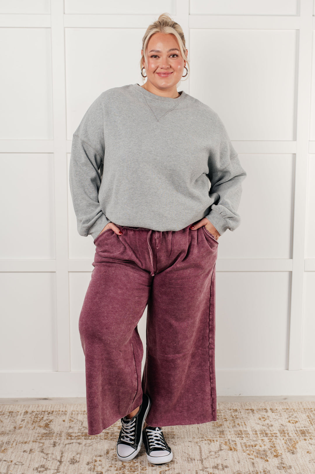 In or Out Wide Leg Cropped Pants in Eggplant - 12/18