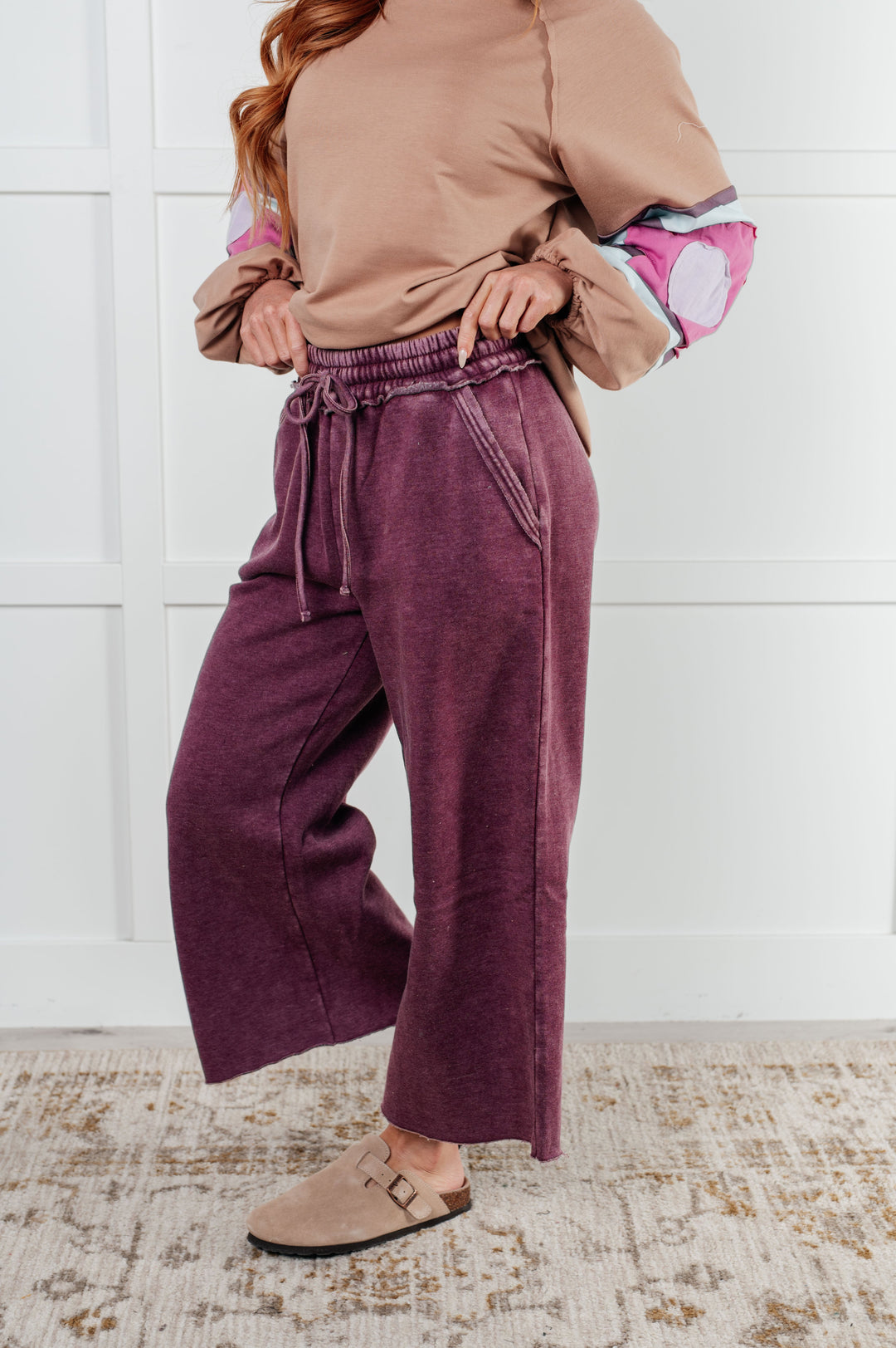 In or Out Wide Leg Cropped Pants in Eggplant - 12/18