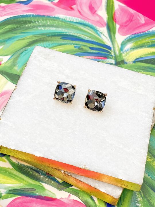 Iridescent Glass Crystal Stud Earrings - Smoke