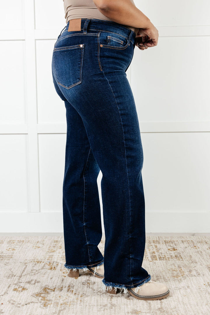 Jacqueline Mid Rise Frayed Hem Straight Leg Jean by Judy Blue