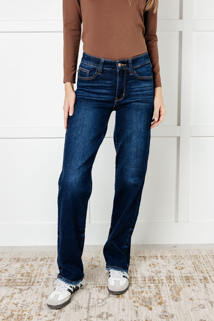 Jacqueline Mid Rise Frayed Hem Straight Leg Jean by Judy Blue