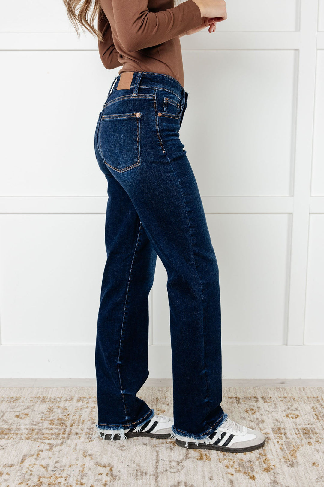 Jacqueline Mid Rise Frayed Hem Straight Leg Jean by Judy Blue