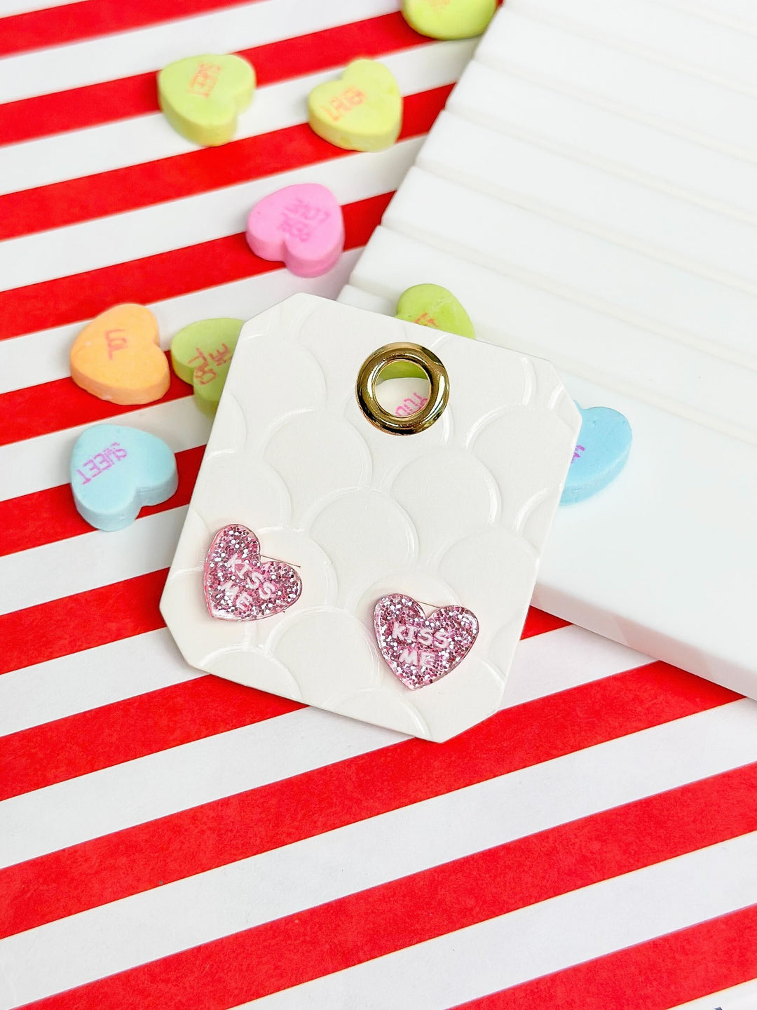 Clear Resin Pink Glitter Heart Studs - Kiss Me