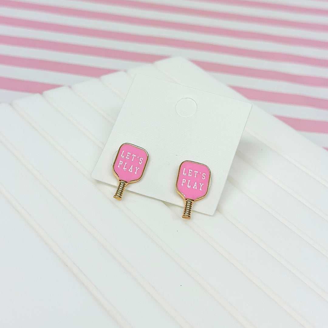 Enamel Light Pink Pickleball Stud Earrings- 'Let's Play'