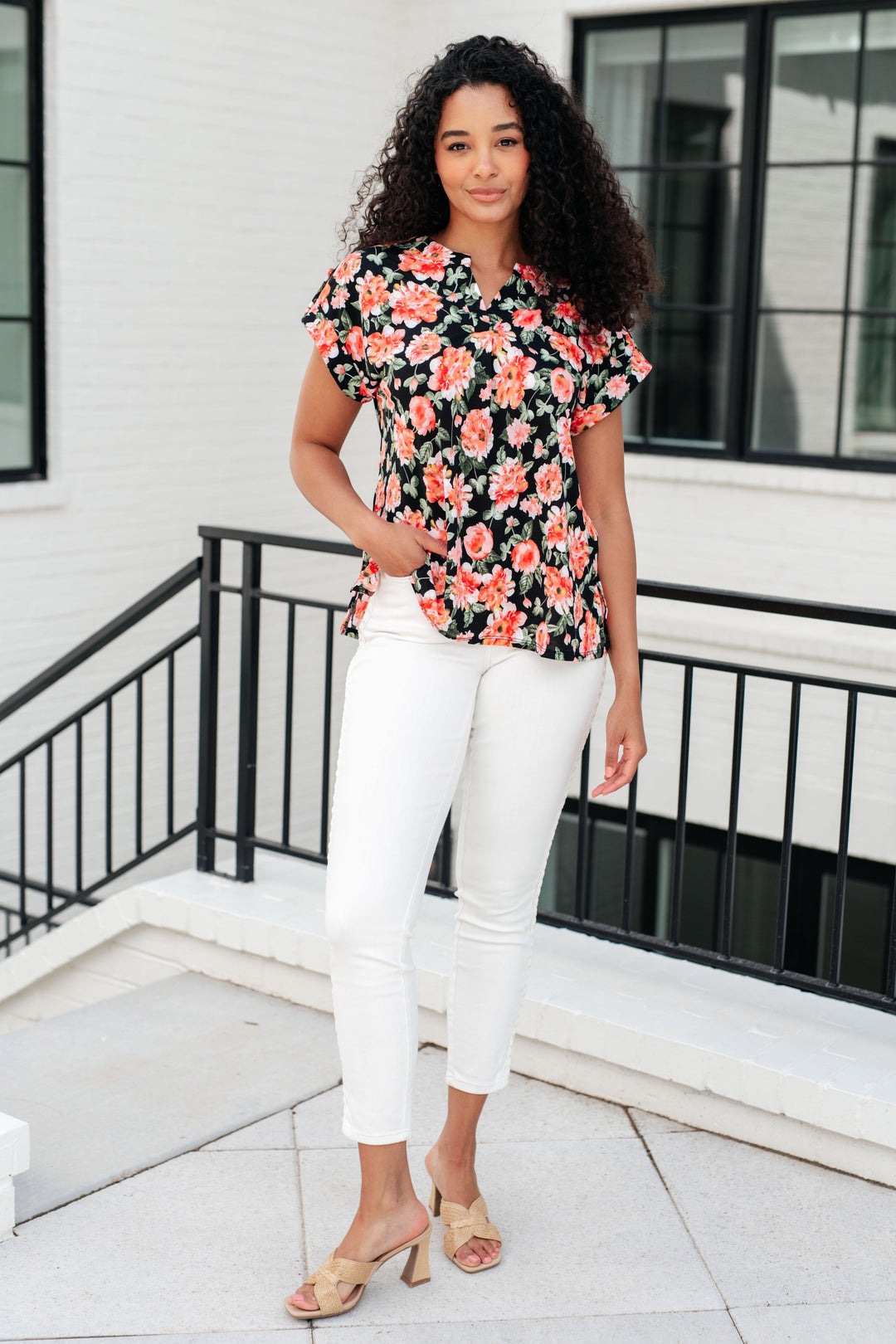 Lizzy Cap Sleeve Top in Black and Coral Floral