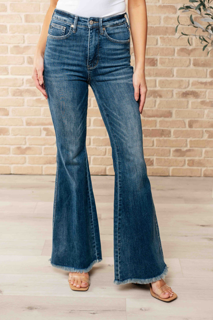 Miley High Waist Control Top Frayed Hem Flare Jeans by Judy Blue