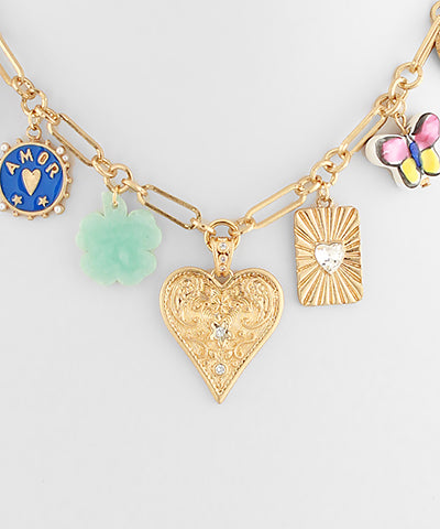 Bright Multi-Charm Heart Pendant Necklace