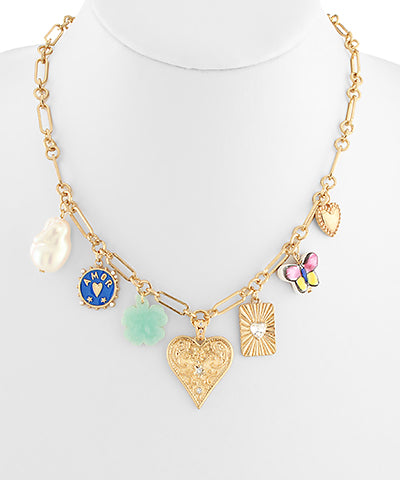 Bright Multi-Charm Heart Pendant Necklace