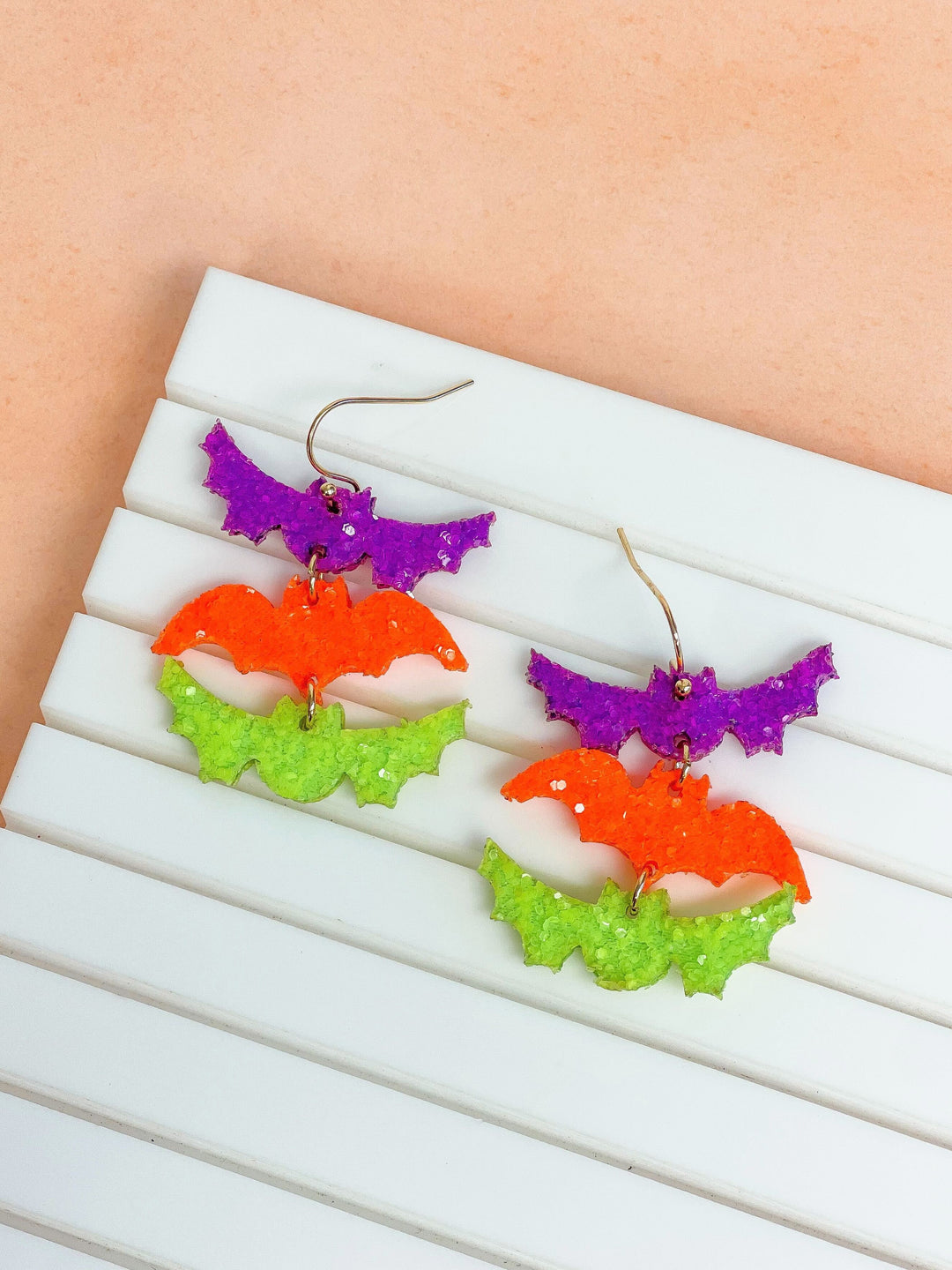 Glitter Bat Trio Dangle Earrings - Neon