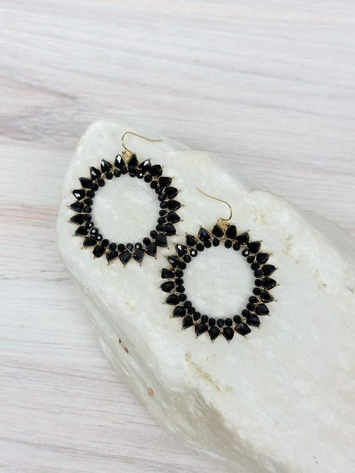 Open Circle Beaded Dangle Earrings - Jet