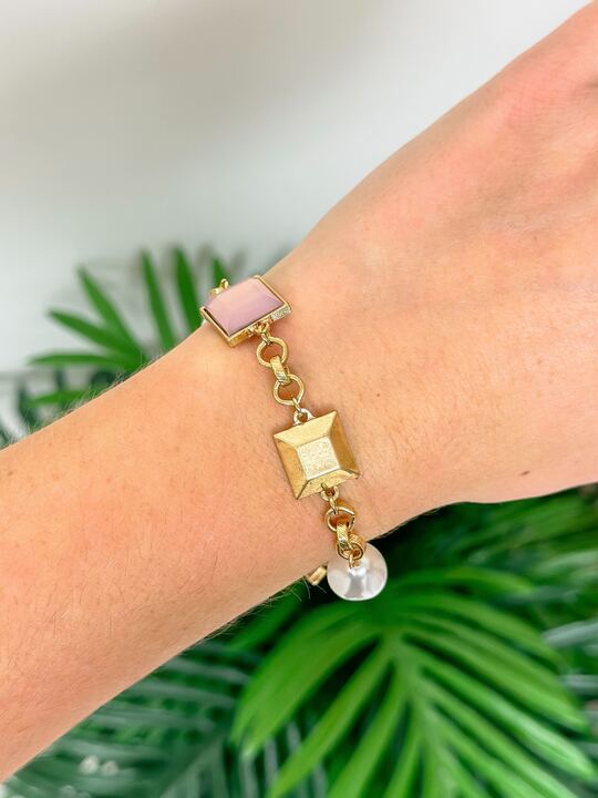 Pearl & Iridescent Stone Station Bracelet - Pink