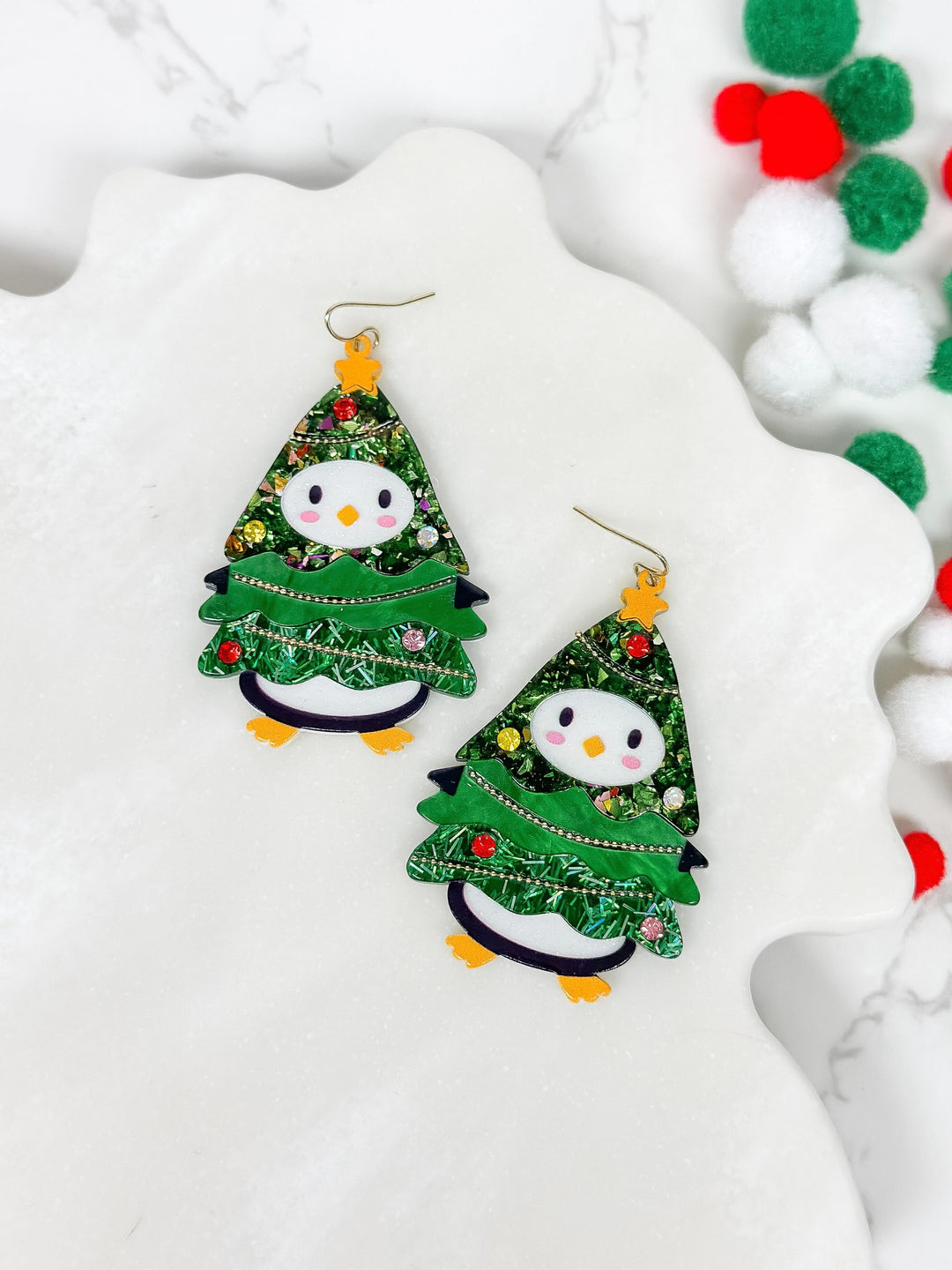 Penguin Christmas Tree Dangle Earrings