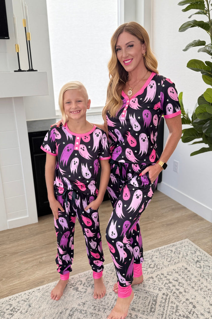 Matching Halloween Pajama Jogger Set - Purple Ghosts by Shirley & Stone